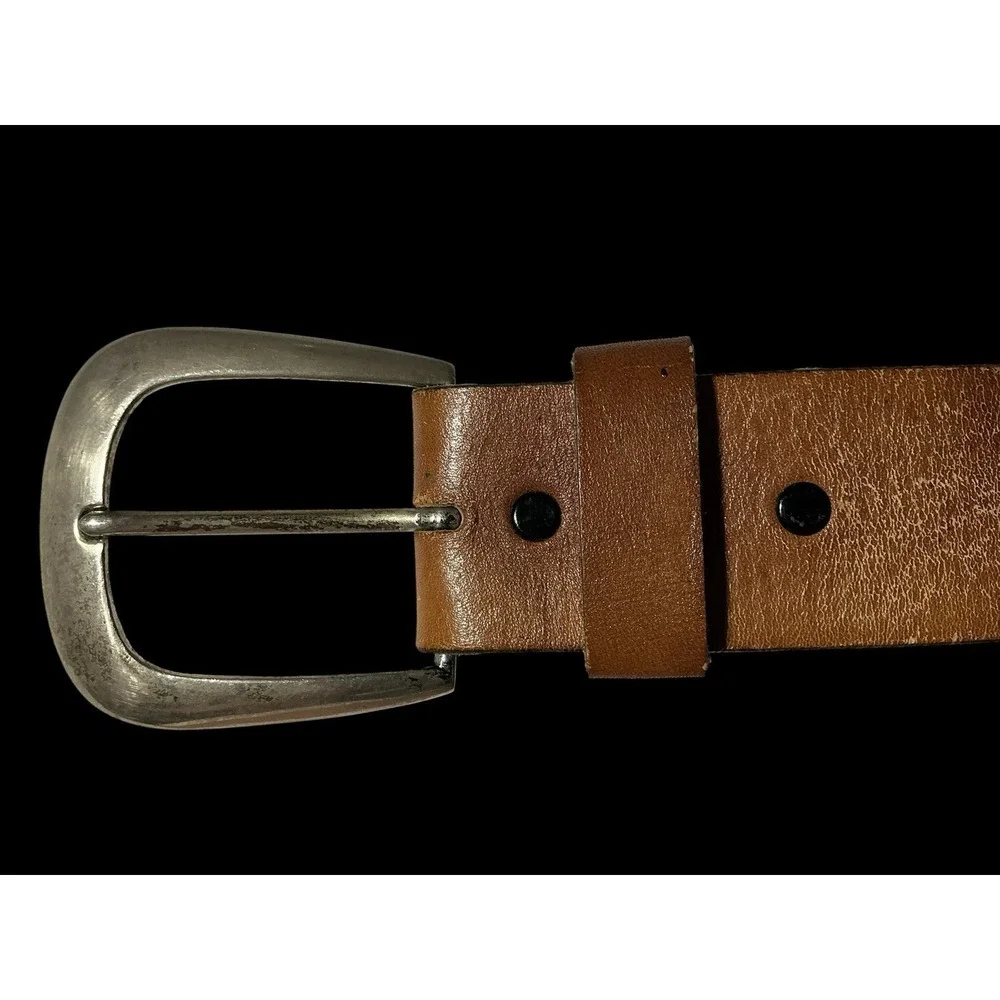 VINTAGE Boho Distressed hand tooled/painted leather belt Silver Tone Buckle